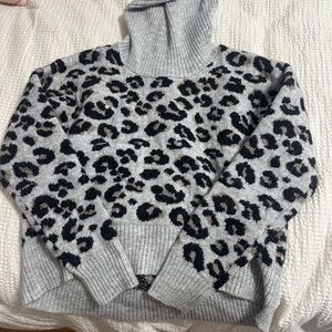 Gray Leopard Print Turtleneck Sweater